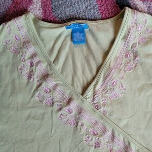 Embroidered V-Neck Crop Top in Light Olive with Pink Stitching